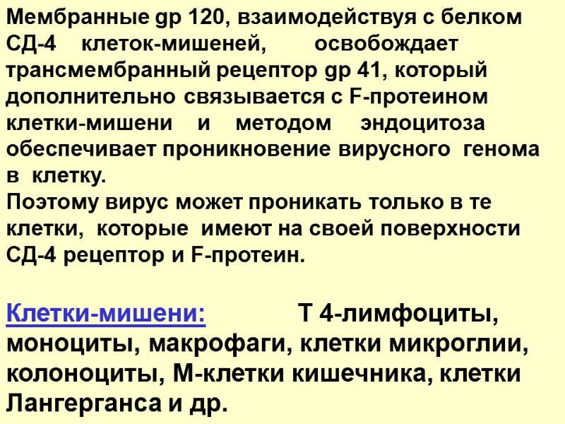 Мембранные gp 120, взаимодействуя с белком СД-4    клеток-мишеней,   